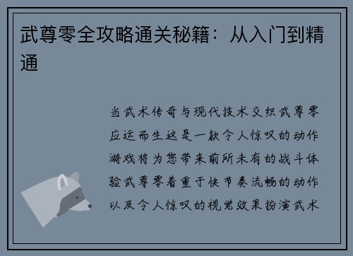 武尊零全攻略通关秘籍：从入门到精通