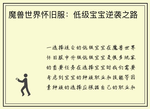 魔兽世界怀旧服：低级宝宝逆袭之路